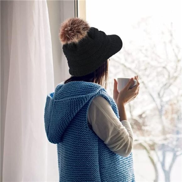 4 Pcs Women\'s Ribbed Knit Hat with Brim Pom Pom Brim Beanie Hats main image 4